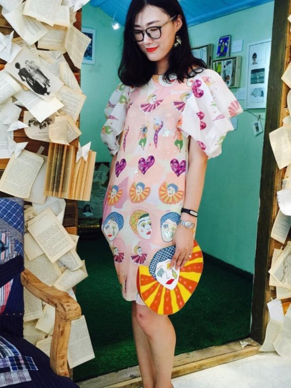 UNLOGICAL POEM RARE Jersey Knit Puff Chiffon Sleeve Clown Accordion Circus Dress